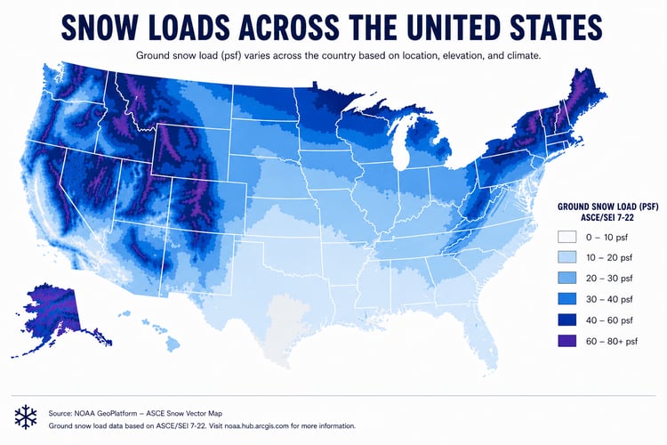 Snow load zones across the United States.